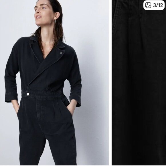 Zara Black Denim Lyocell Cotton Jumpsuit Long Sleeve Utility Boiler Suit Size XS - Picture 13 of 14